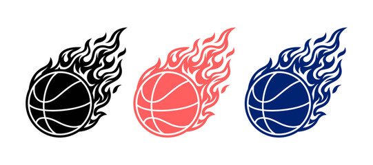 Flying basketball with fire flames icons set. Dynamic burning basketball in blaze speed motion vector graphics for sports branding © DILARA
