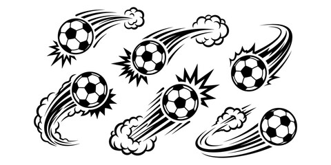 Flying soccer ball with motion smoke trail icons set. Dynamic football speed movement vector graphics collection for sports branding © DILARA