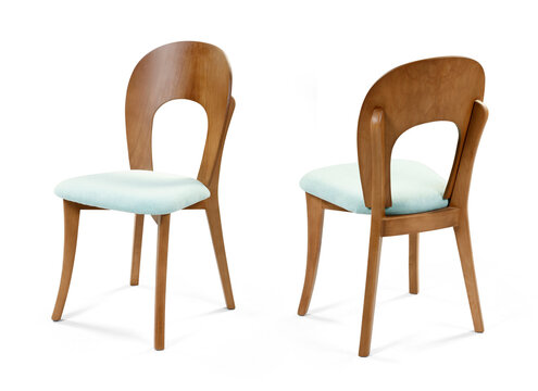 Two multi-angle perspective views showing the front angled profile and the back of a mid-century modern wooden dining chair with a mint blue cushion, isolated on a white background.