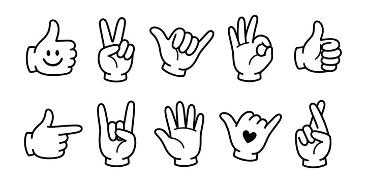 Cartoon hand gestures vector icons set. Minimalist line art outline emojis with thumbs up, peace, ok, and rock sign symbols for graphic design