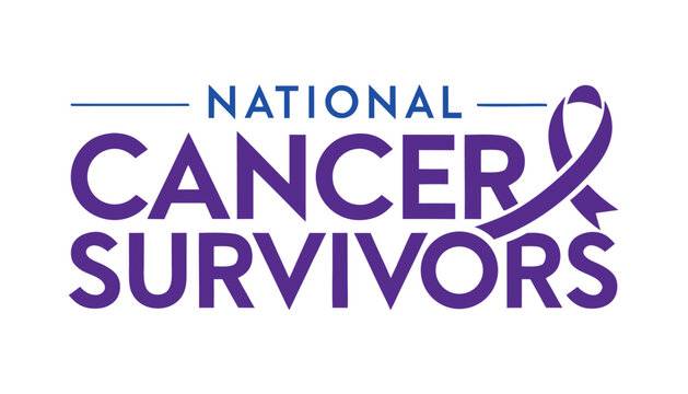 National cancer survivors day text logo with purple awareness ribbon