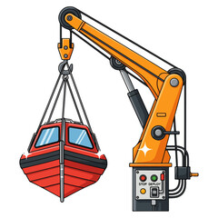 Fototapeta premium Cartoon Mobile Crane Lifting Rescue Boat Vector Illustration