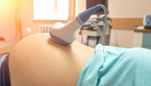 Medical ultrasound probe gently scanning a pregnant belly for prenatal examination and baby development monitoring.