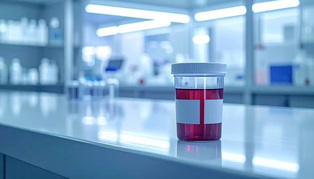 Medical urine sample cup with lid on a laboratory counter for health analysis
