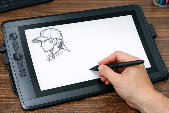 A person creating art on a digital tablet with a pen, focusing on the creative process