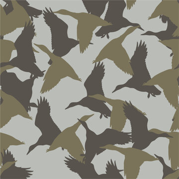 Seamless Duck Hunting Camouflage Pattern with Flying Birds Silhouettes