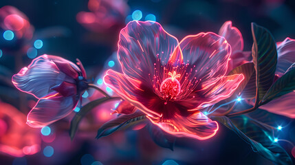 Bioluminescent neon petal bloom emitting vibrant neon bioluminescent glow through richly colored flower petals, vibrant neon glow creates powerful visual energy in bioluminescent floral scene.