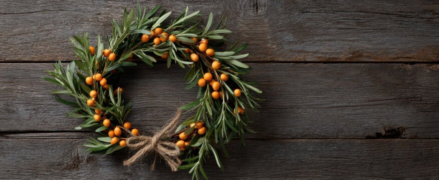 A charming wreath of rosemary and olive branches dances on a rustic wooden table in soft tones