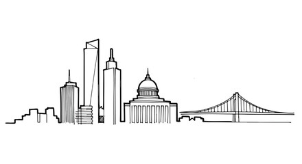 Obraz premium Hand Drawn Modern City Skyline Vector Illustration with Bridge Outline