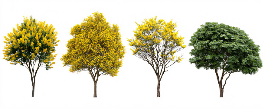 Stunning collection of blooming Acacia trees evokes joy and serenity on a white background