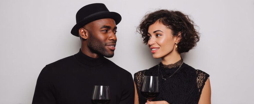 Couple in stylish black outfits enjoys wine while chatting against a white background