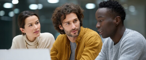 Fototapeta premium Dynamic multicultural group brainstorming around a sleek conference table in a contemporary workspace