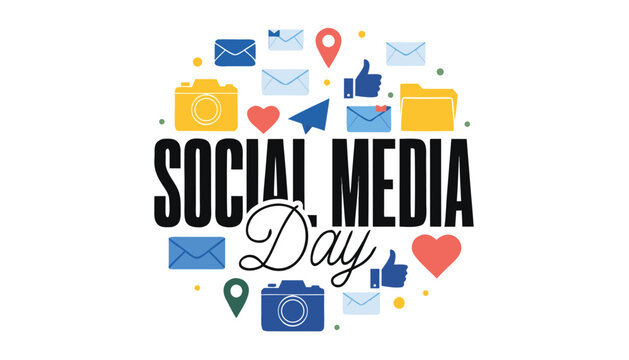 Colorful social media day text design with various digital icons