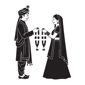 Indian wedding couple exchanging garlands in traditional attire vector illustration for marriage ceremony and cultural celebration