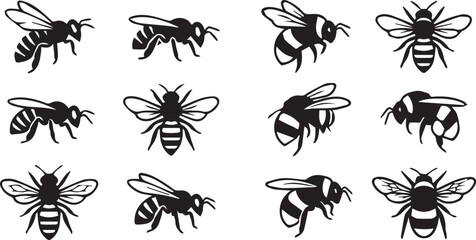 Bee Icon Set Collection: Black and White Honeybee Illustrations © Vector 4 You