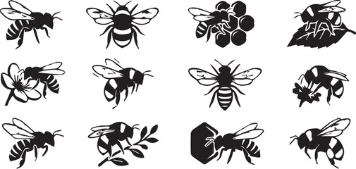 Set of Honey Bee Icons and Illustrations with Flowers and Honeycomb © Vector 4 You