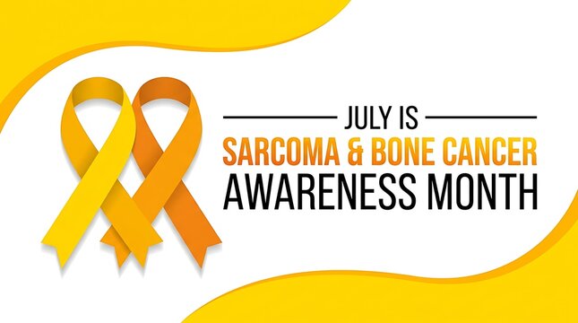 July is sarcoma and bone cancer awareness month with yellow and orange ribbons on white background.