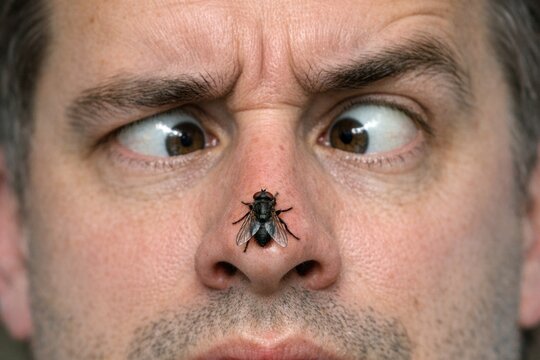 A man with a fly resting on his nose, a humorous and relatable moment