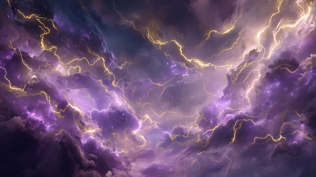 紫の雷雲と黄金の稲妻が轟くファンタジーな嵐の背景