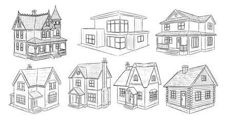 Fototapeta premium Various House Styles Line Art Illustration Vector Collection