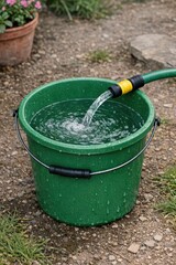 Naklejka premium A green bucket filled with water and attached to a hose, ready for use