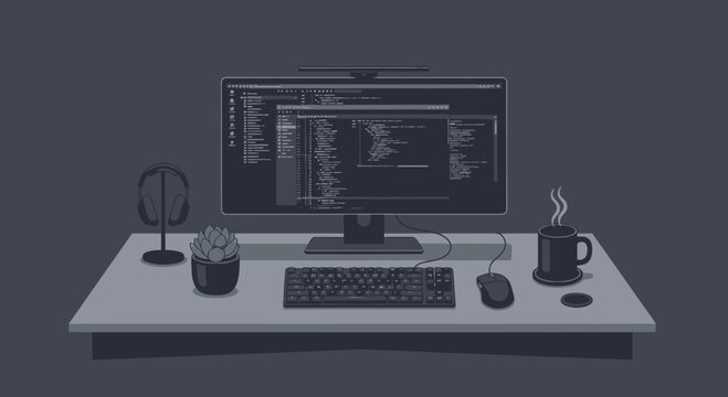 Pixel art desk setup with computer, code, headphones, plant, and coffee. Coding workspace.