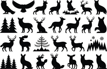 Obraz premium Collection of flat design forest animals and winter landscape elements on white background