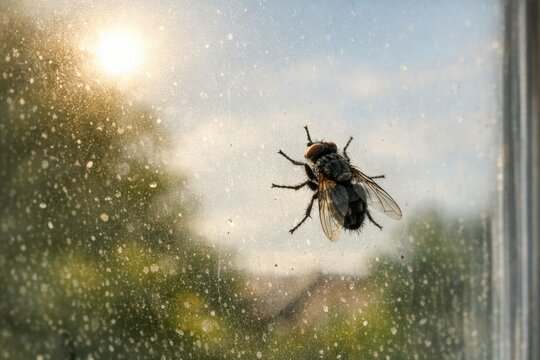 A single fly sits on a window sill, perhaps searching for an exit