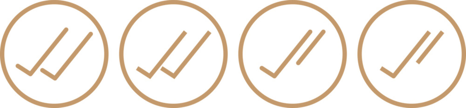 PrintDouble check icon set in circular outline. Message seen symbol. Two tick sign .Set of green and black check marks with single and double ticks in various circular and square shapes
