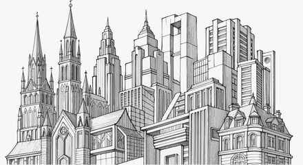 Obraz premium Architectural Cityscape Sketch Vector Illustration with Gothic Church
