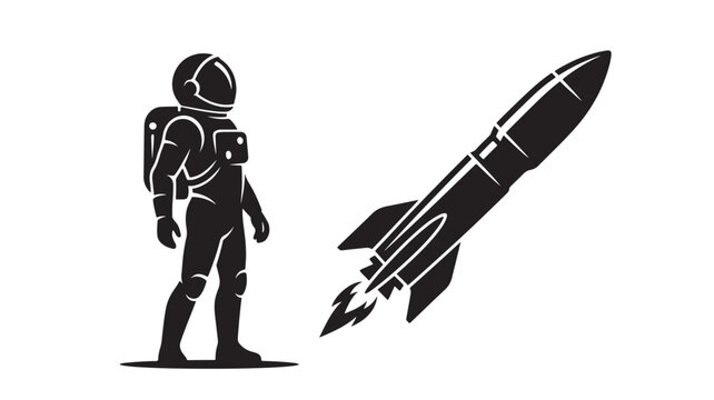 An astronaut in a spacesuit stands next to a rocket launching into space.	