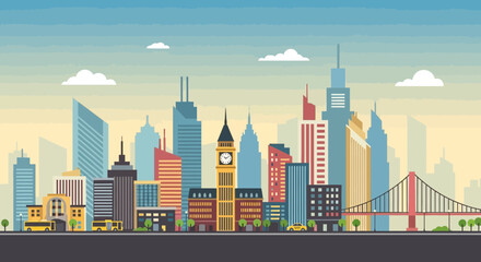 Obraz premium Modern Cityscape Skyline with Tall Buildings, Bridge, and Clock Tower