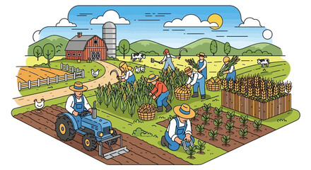 Farm Harvest Scene: Farmers Working in Fields with Tractor, Barn, and Cows © Ulvi