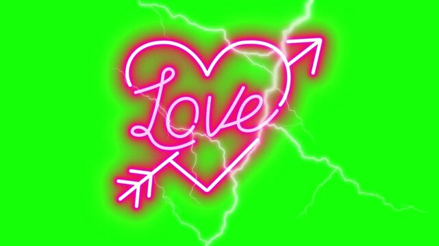Heart shape with an arrow piercing through the center glows with a vibrant pink neon light against a bright green screen background featuring simulated electrical lightning bolts behind the icon.