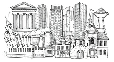 Obraz premium Hand Drawn Cityscape Architecture Vector Illustration Sketch