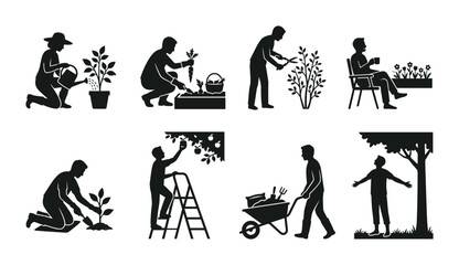 Obraz premium 8 Gardening Silhouette Icons, Flat, for Hobby and Outdoor Activities