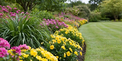 Obraz premium A burst of color from a beautifully arranged flower bed, showcasing rich pinks and yellows in a well-maintained garden, inviting admiration for nature's beauty.