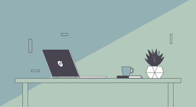 Minimalist desk setup with laptop, plant, and coffee mug. Clean workspace illustration.