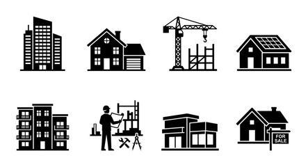 8 Silhouette Icons of Buildings and Construction, for Real Estate and Architecture © pixostudio