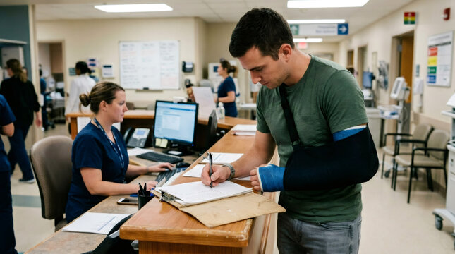 Injured man with arm cast signing medical forms at hospital reception desk. Woman nurse working on computer. Patient check-in procedure, healthcare service and clinic admission process.