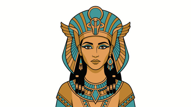 Cleopatra Portrait Egyptian Queen Vector Illustration with Golden Headdress and Turquoise Jewelry