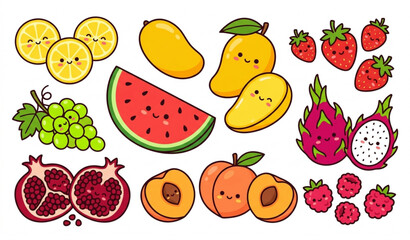 Playful exotic fruit cartoon vector collection with watermelon mango strawberry and tropical berry doodle elements © akash