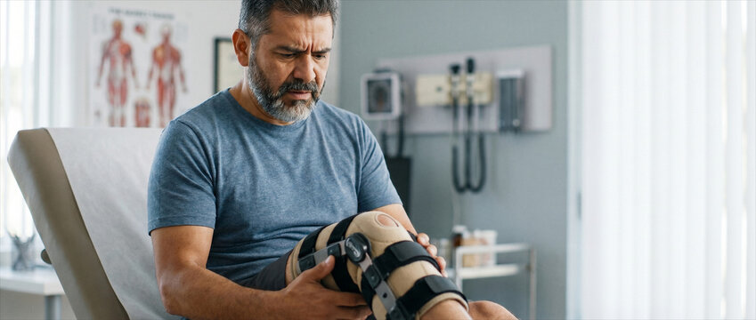 Middle aged man examining knee brace in medical clinic with copy space