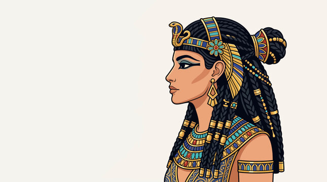Ancient Egyptian Queen Cleopatra Side Profile Vector Portrait with Ornate Traditional Jewelry