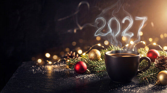 2027 steam over coffee cup with ornaments pine lights snow on dark table for festive winter celebration cozy holiday greeting with copy space marketing banner web header campaign background