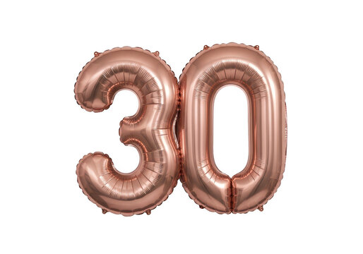 Shiny rose gold number thirty balloon for a birthday party or wedding anniversary celebration event isolated on transparent background