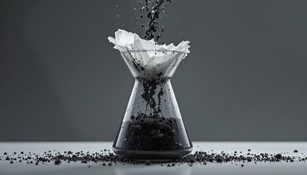 A chemistry glass vessel (beaker or flask) filled with black chemical in a laboratory &ndash; a filter paper placed to filter the chemical, scientific experiment, research, chemistry lab setup