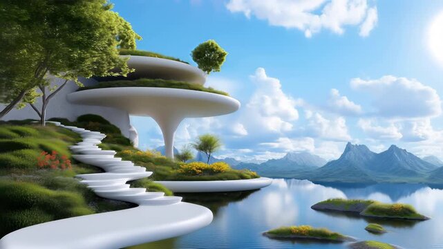 Futuristic white eco architecture with curved design above reflective water and mountains under bright blue sky