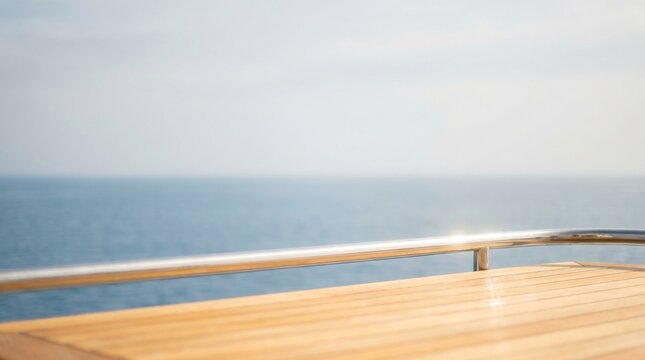 Serene wooden boat deck and shiny metal railing with a tranquil blue ocean stretching into the blurred horizon, evoking luxury travel and peaceful sea adventures