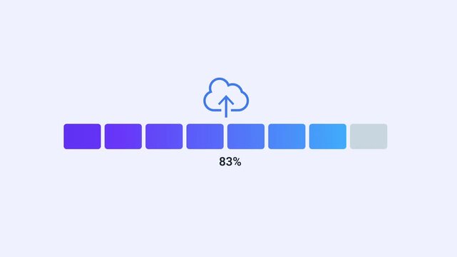 Animated cloud upload progress indicator with cloud transfer icon, segmented loading bar, and percentage display. Clean flat motion graphic for cloud computing, data transfer, backup, and online stora